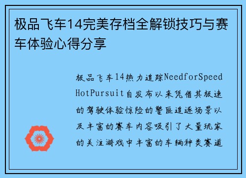 极品飞车14完美存档全解锁技巧与赛车体验心得分享